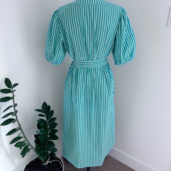 Women's Cotton Puff Sleeve Midi/Maxi Shirt Dress sz L. - Green & White - Picture 5 of 13